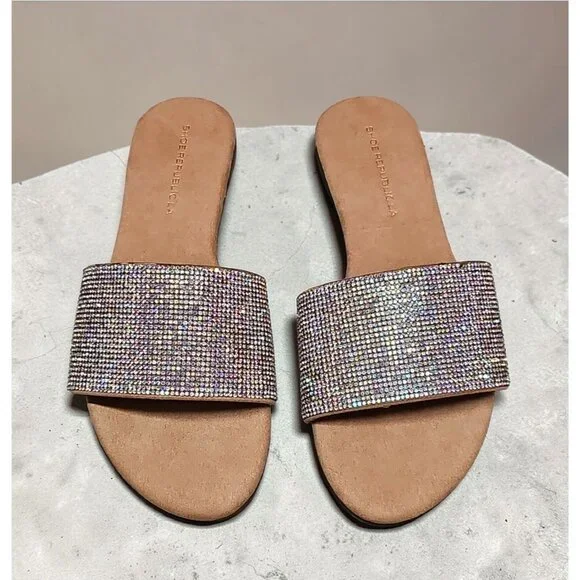 Rhinestone Embellished Slide Sandals Womens Sparkling Flat Slip-On Shoes - Picture 2 of 7